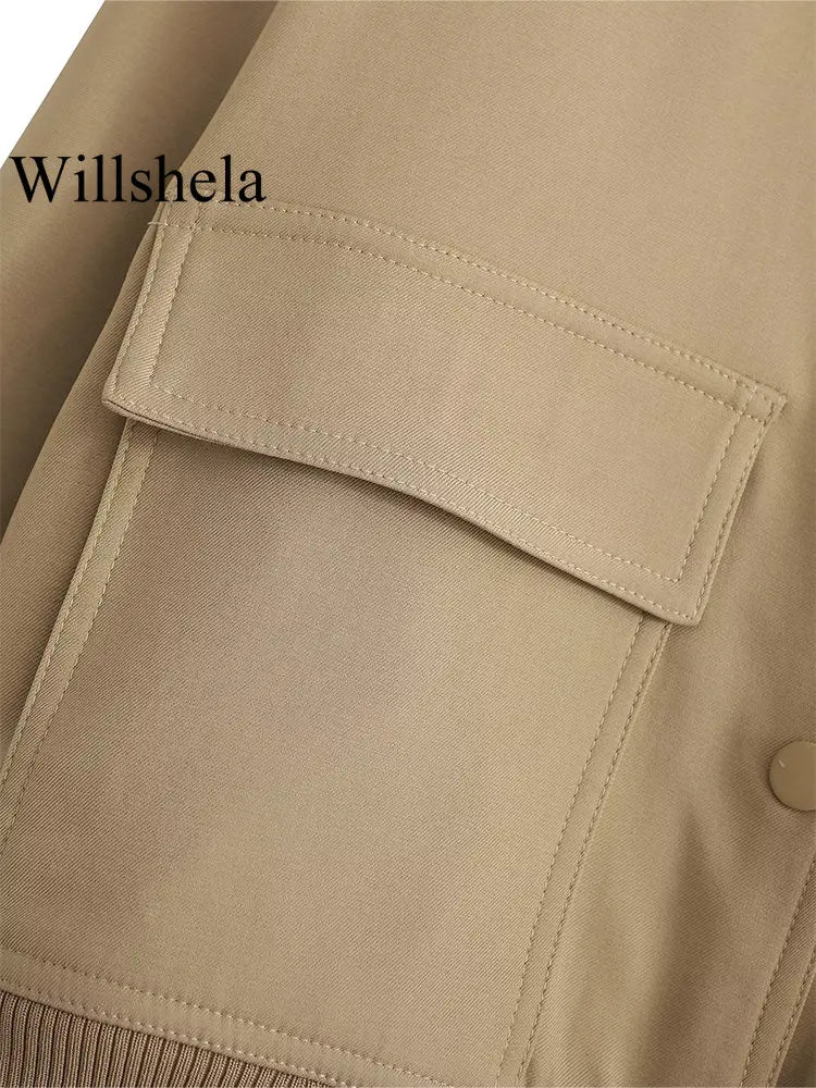 Willshela Women Fashion Solid Bomber Jackets Coat With Pockets V-Neck Single Breasted Long Sleeves Female Chic Lady Outfits